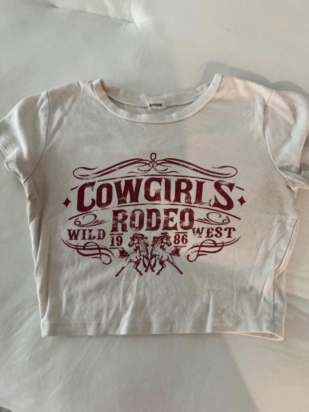 Garage White Crop Top with Red 'Cowgirls Rodeo' Graphic Tee